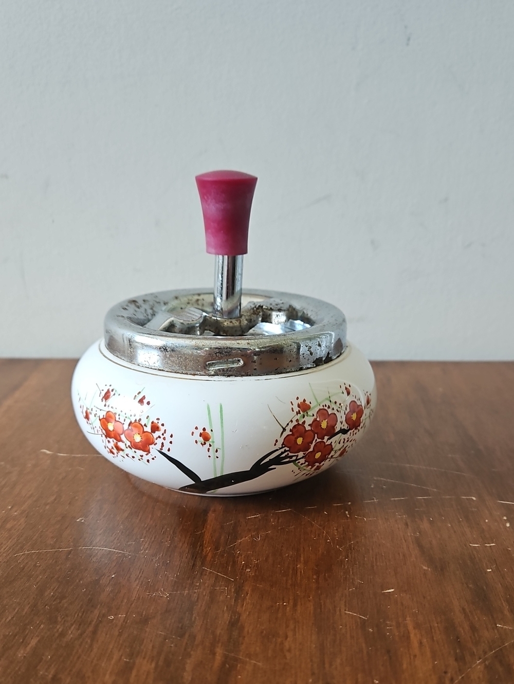 Vintage Floral Ceramic Push-Down Ashtray - White with Red Flowers